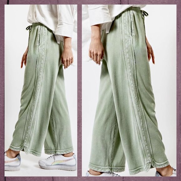 EASEL "So Comfy" Side Seams Scooped Hem Wide Leg Mineral Washed Pants Drawstring - Picture 2 of 16